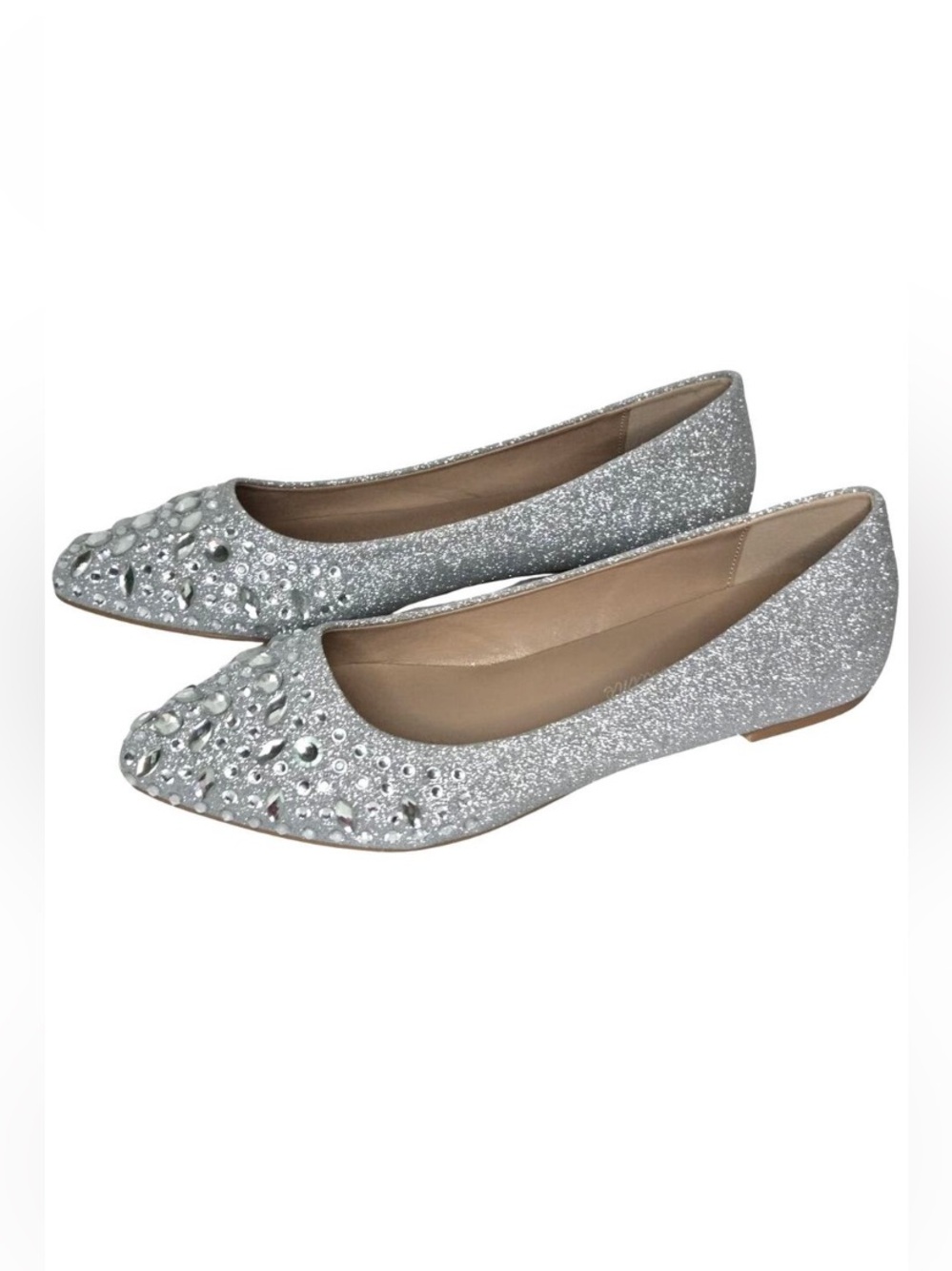 LAUREN LORRAINE KELSEY WOMEN’S SILVER RHINESTONE POINTED TOE FLAT SHOES